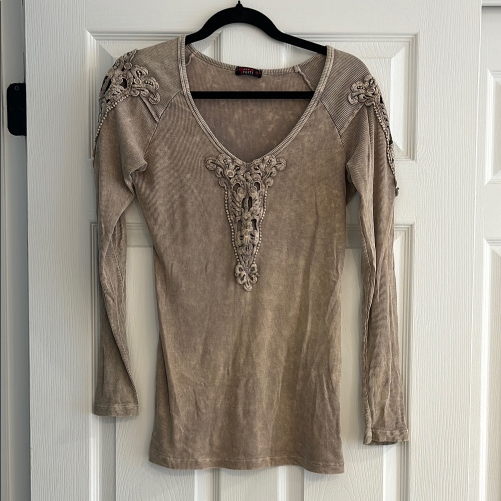 Embellished Beige Long Sleeve Top